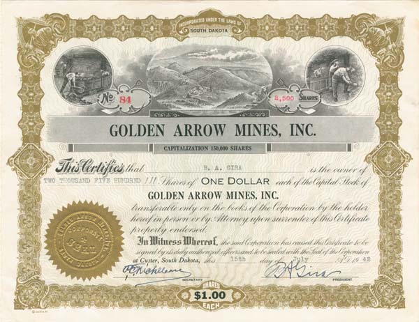 Golden Arrow Mines, Inc. - Stock Certificate